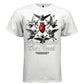 Five baroque angels in circular formation around vivid red heart streetwear t-shirt