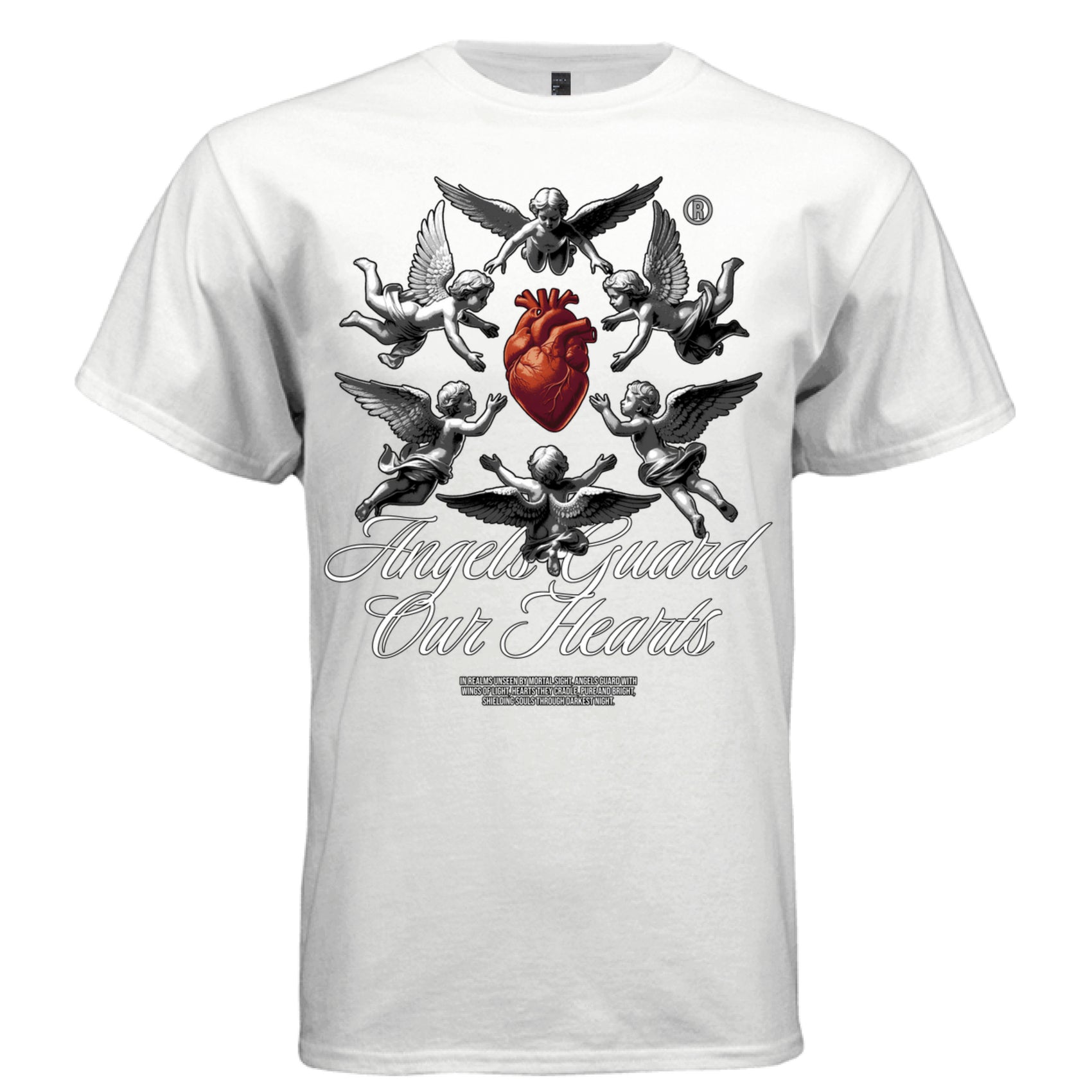 Five baroque angels in circular formation around vivid red heart streetwear t-shirt