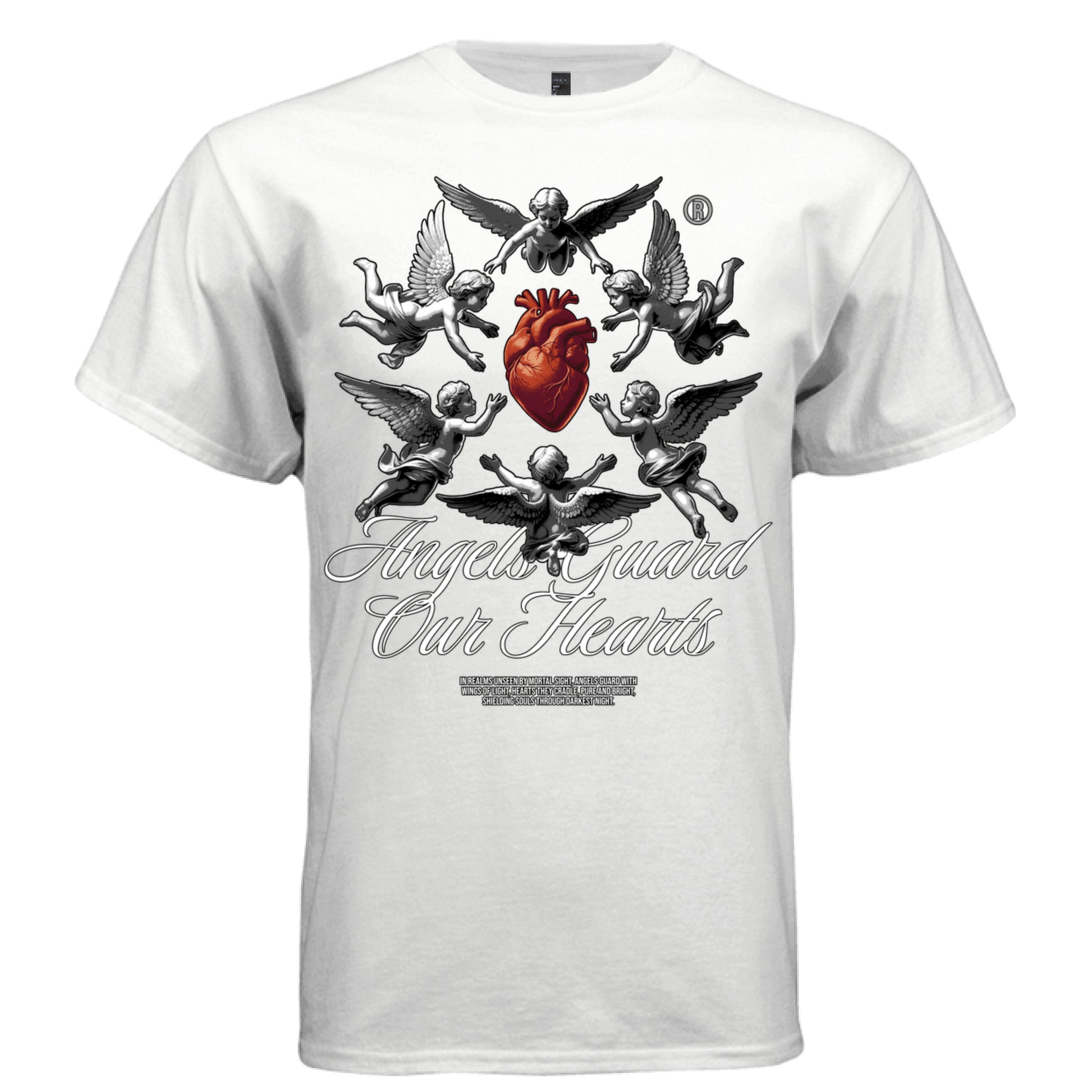 Five baroque angels in circular formation around vivid red heart streetwear t-shirt