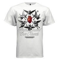 Five baroque angels in circular formation around vivid red heart streetwear t-shirt