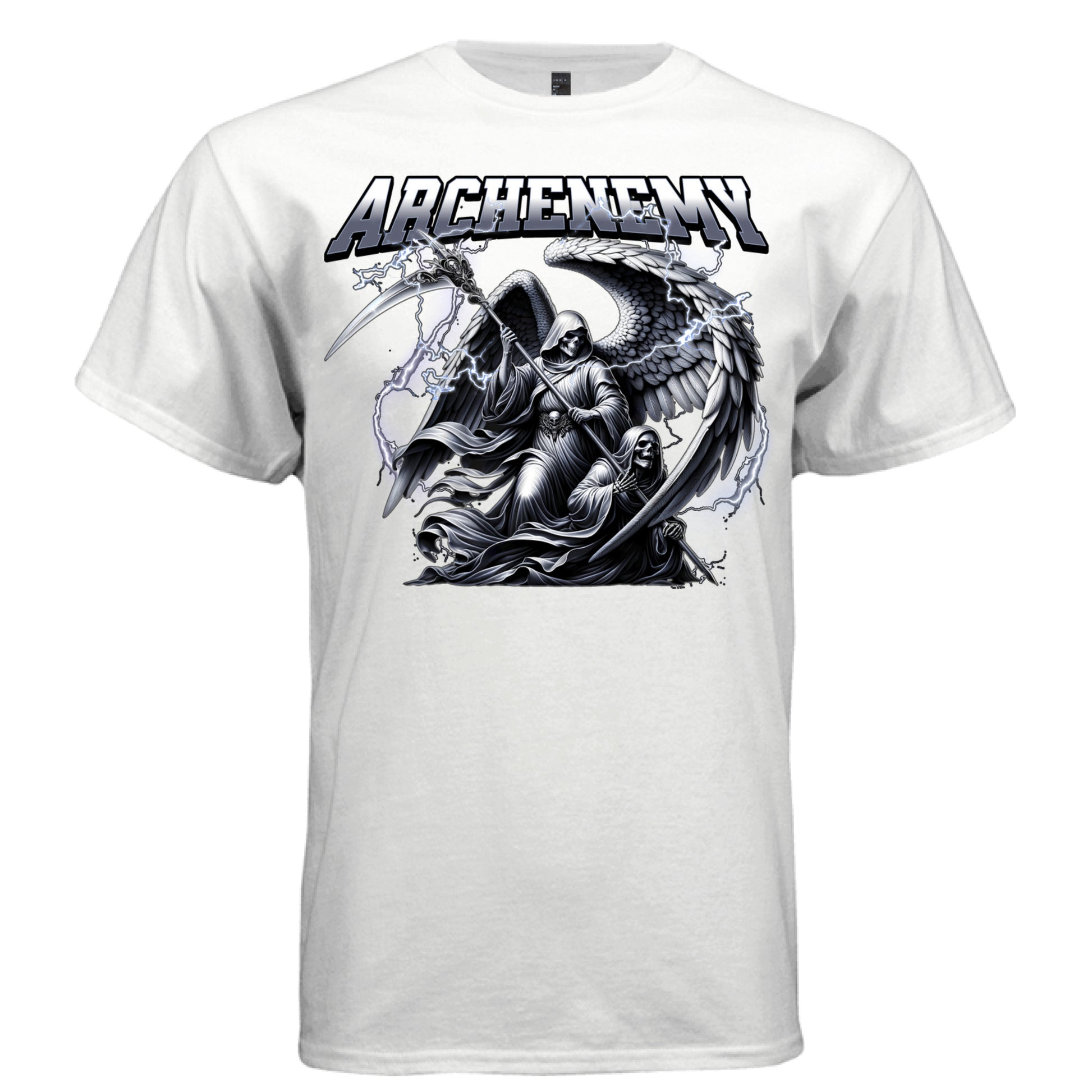 Two grim reapers with angel wings and ornate scythes dark streetwear graphic t-shirt
