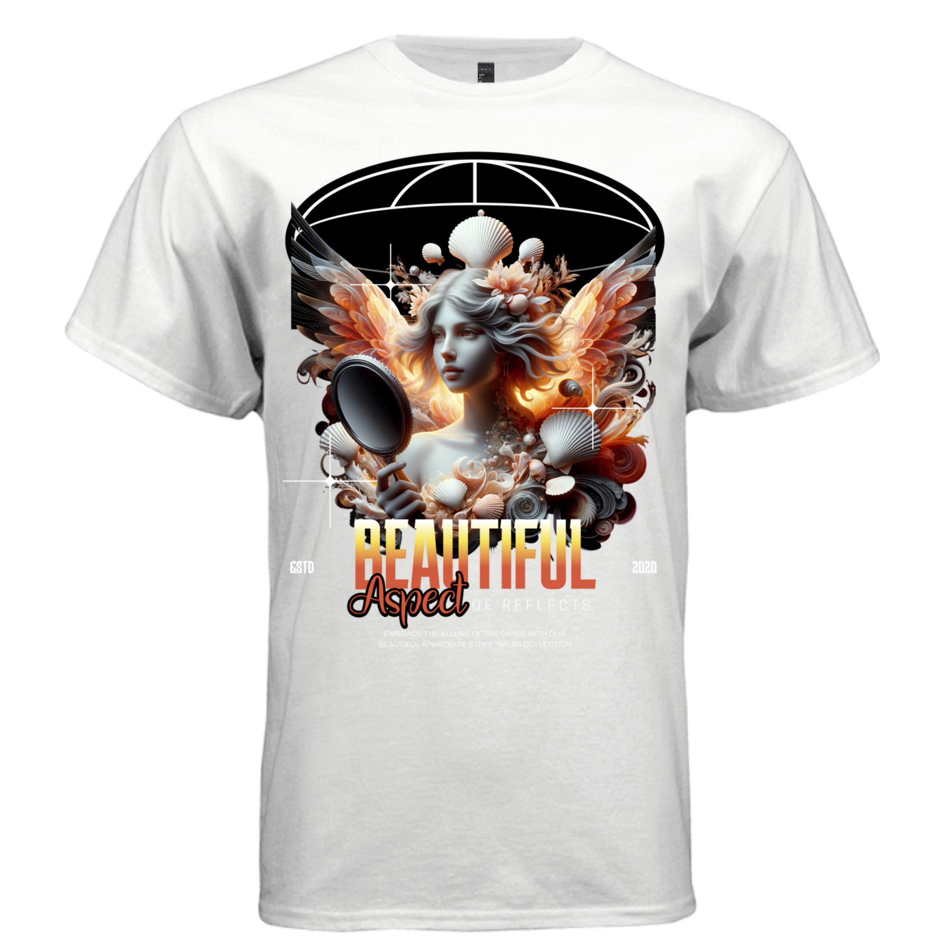 Fire angel holding dark mirror seashells and blazing wings vivid color streetwear t-shirt