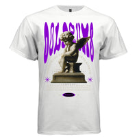 Sad cupid sitting on pedestal with purple Doldrums typography sorrowful streetwear t-shirt