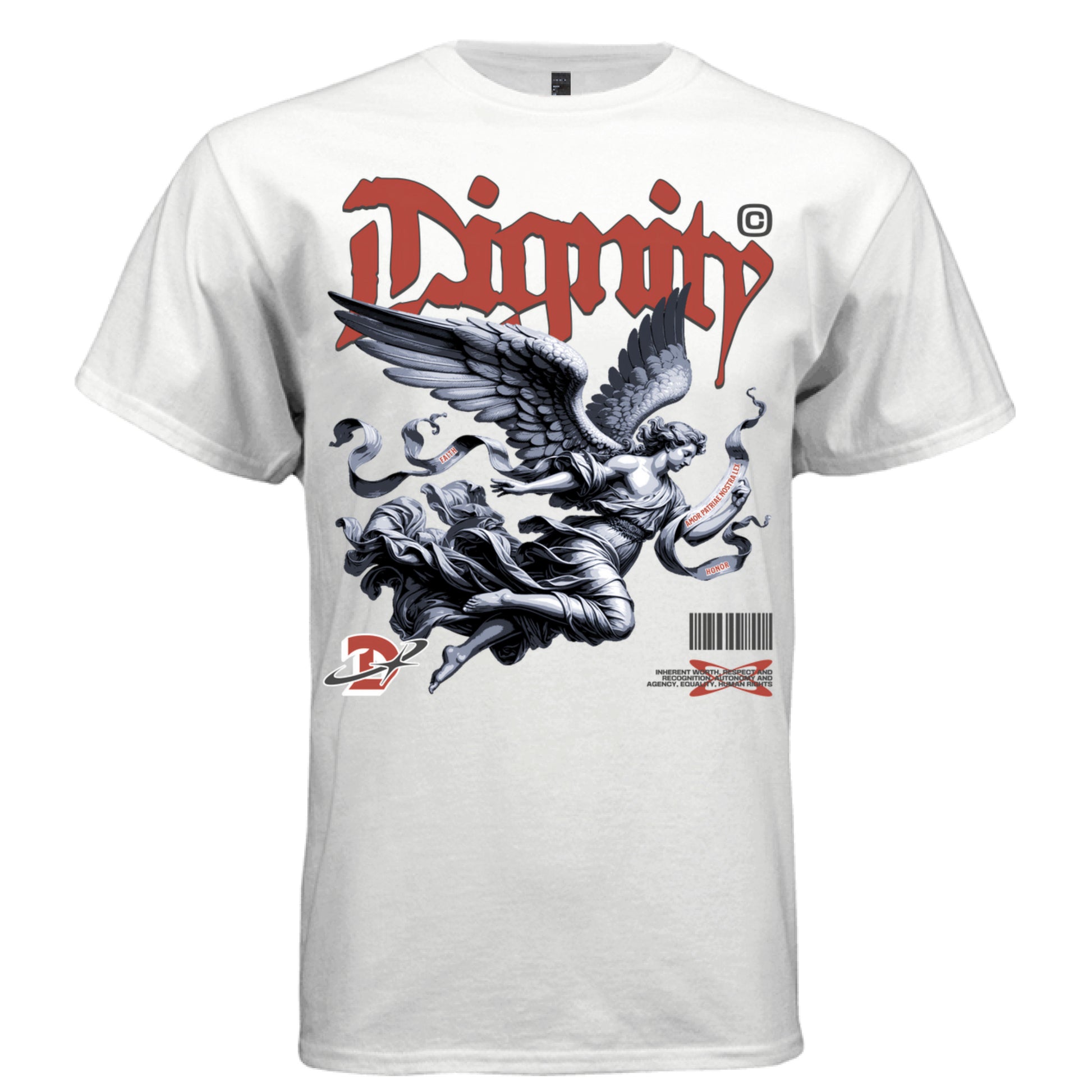 Female angel in flight with Amor Patriae Nostra Lex Latin creed black and white streetwear t-shirt