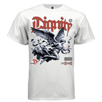 Female angel in flight with Amor Patriae Nostra Lex Latin creed black and white streetwear t-shirt