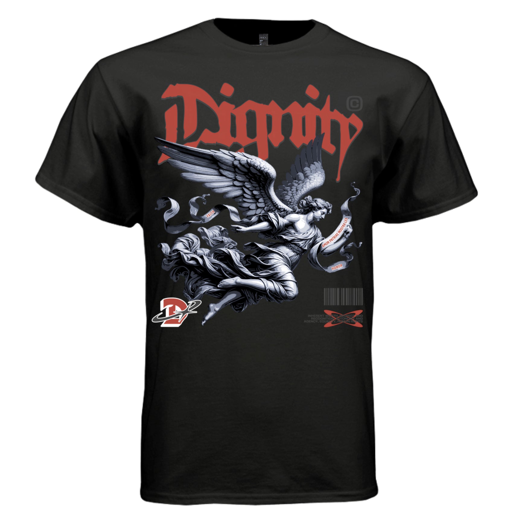 Dignity honor faith amor patriae barcode graphic streetwear Project Hood urban tee