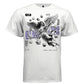 Tattooed skeleton angel flying amid scattered dice luck fate purple typography streetwear t-shirt