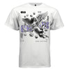 Tattooed skeleton angel flying amid scattered dice luck fate purple typography streetwear t-shirt