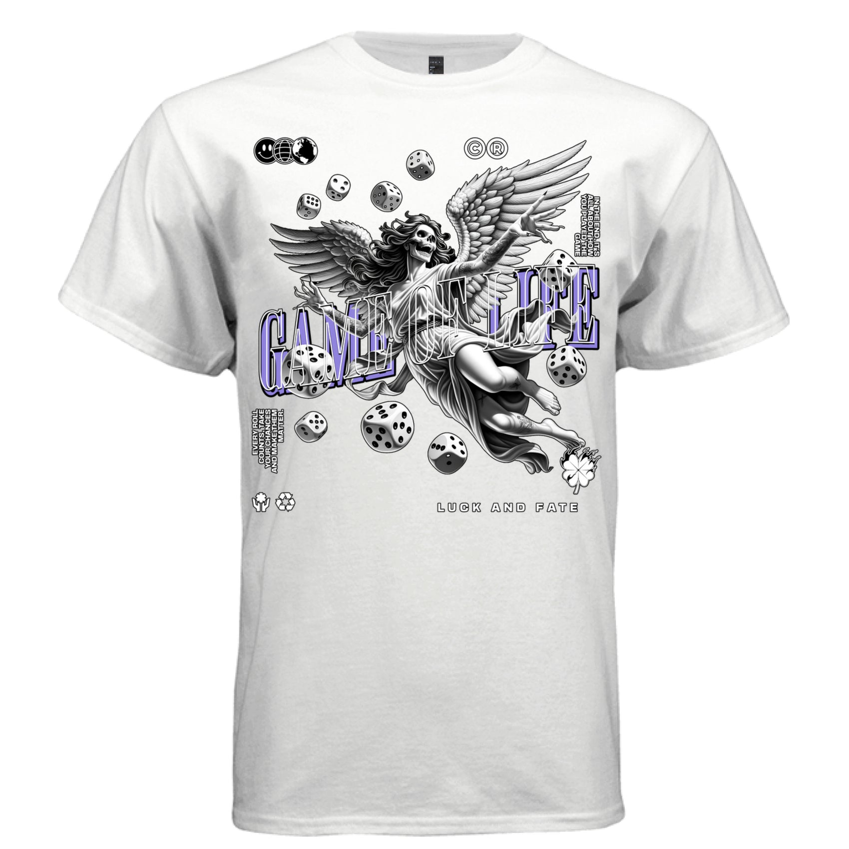 Tattooed skeleton angel flying amid scattered dice luck fate purple typography streetwear t-shirt