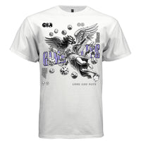 Tattooed skeleton angel flying amid scattered dice luck fate purple typography streetwear t-shirt