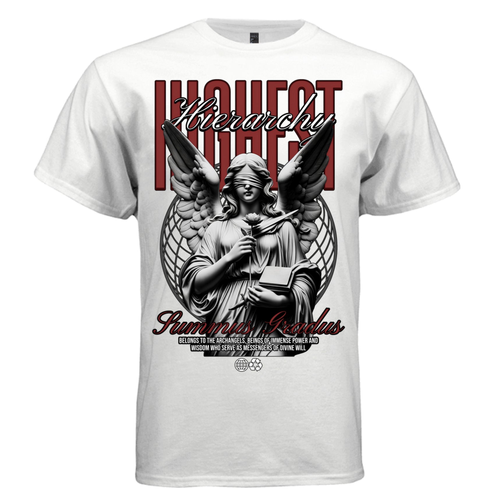 Blindfolded angel statue Highest Hierarchy Summus Gradus globe wireframe dark red streetwear t-shirt