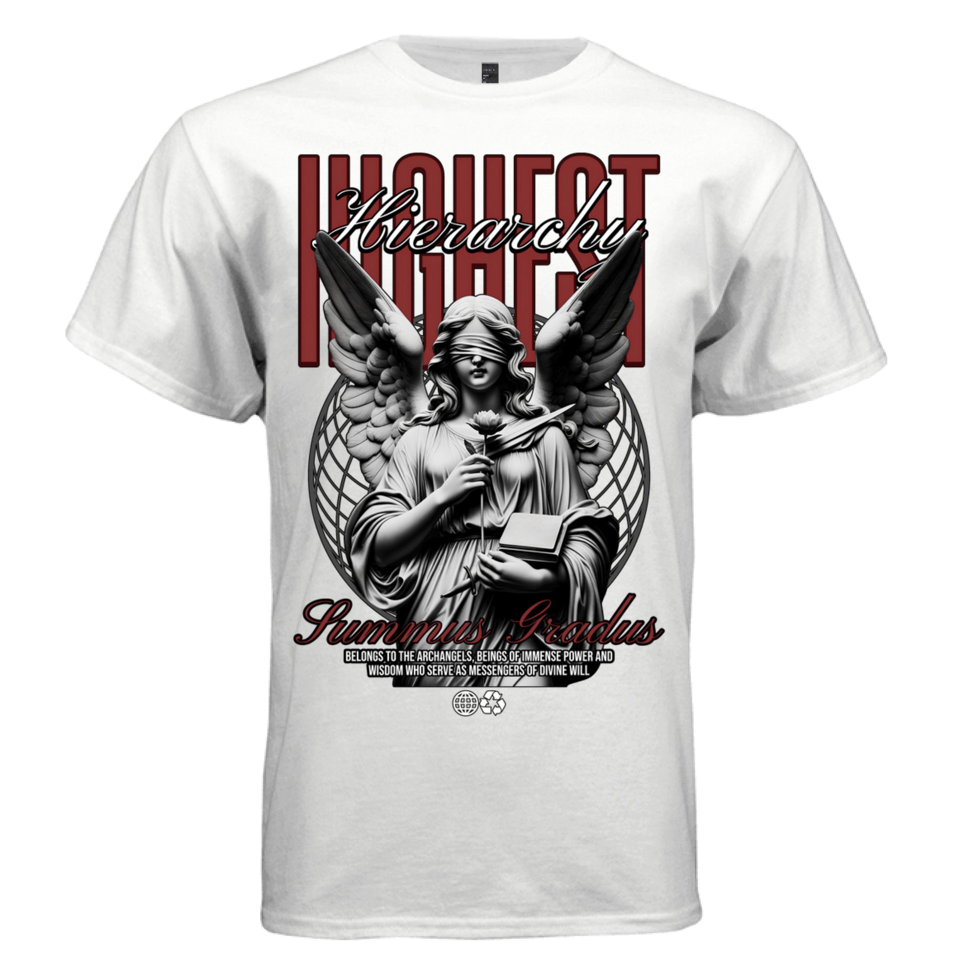 Blindfolded angel statue Highest Hierarchy Summus Gradus globe wireframe dark red streetwear t-shirt