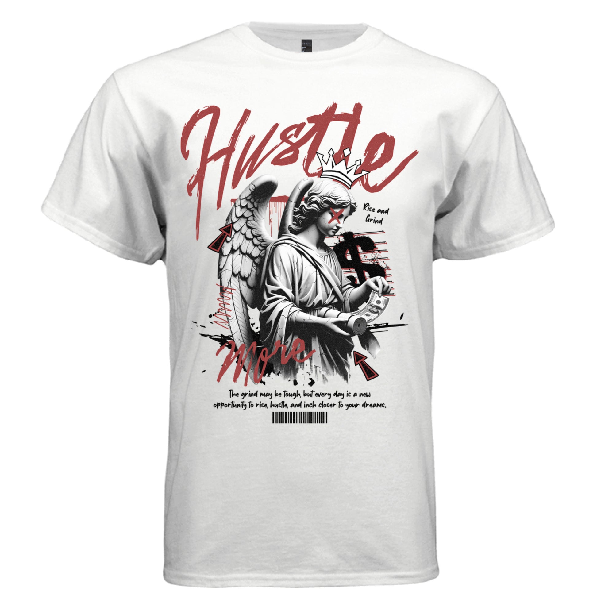 Stone angel counting money with Hustle More red graffiti script crown streetwear t-shirt