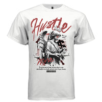 Stone angel counting money with Hustle More red graffiti script crown streetwear t-shirt