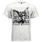 Female angel violinist in flight black and white PRESENCE gothic font streetwear t-shirt