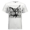 Female angel violinist in flight black and white PRESENCE gothic font streetwear t-shirt