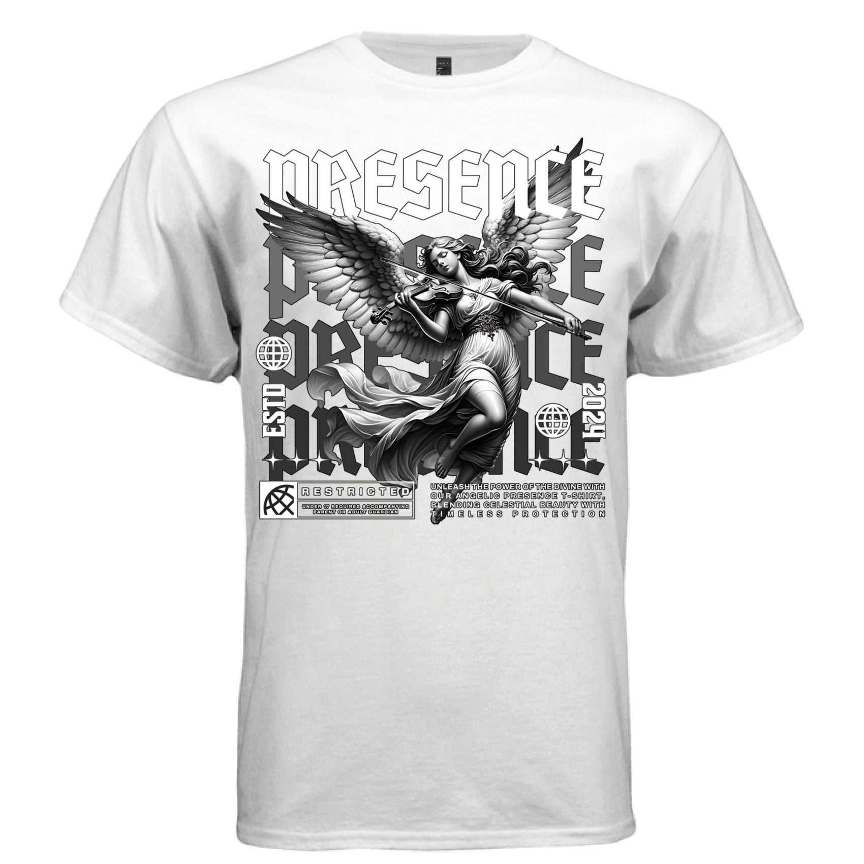 Female angel violinist in flight black and white PRESENCE gothic font streetwear t-shirt