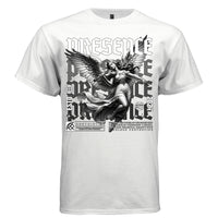 Female angel violinist in flight black and white PRESENCE gothic font streetwear t-shirt