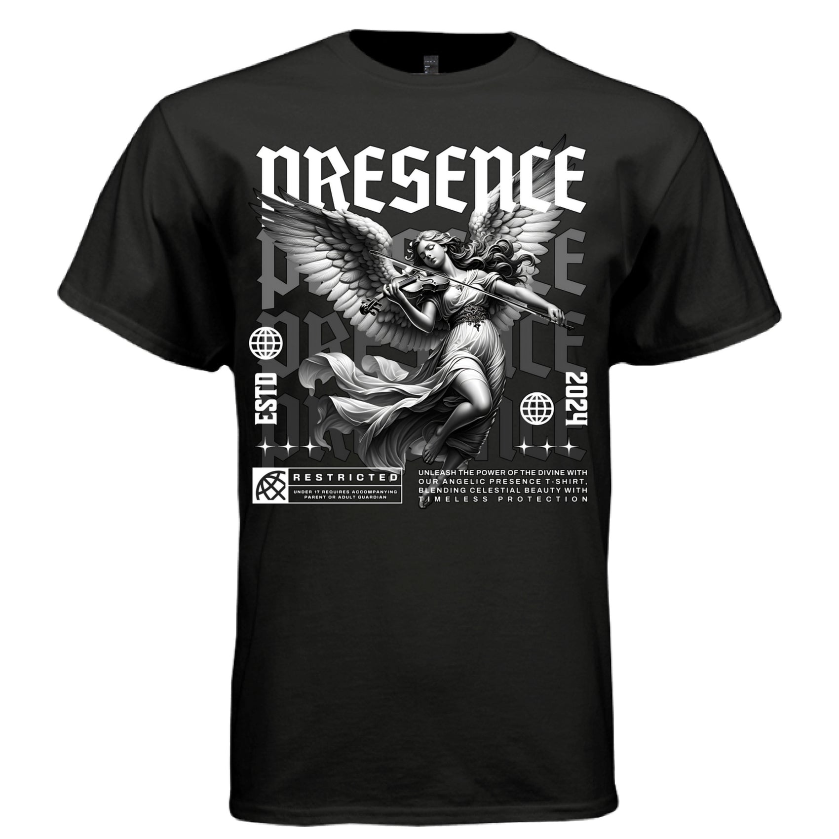 Angel violinist divine presence black and white oversized unisex t-shirt Project Hood