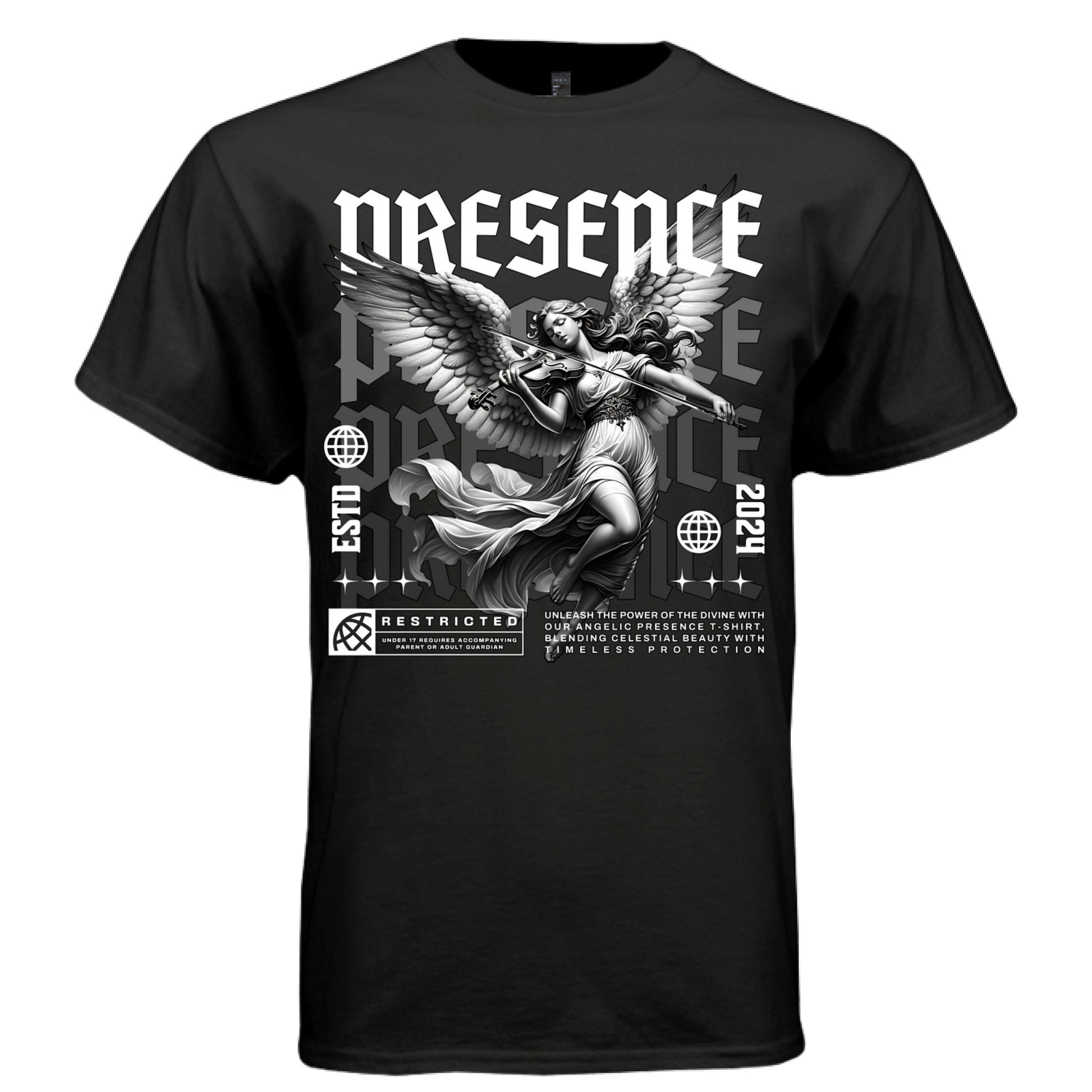Angel violinist divine presence black and white oversized unisex t-shirt Project Hood