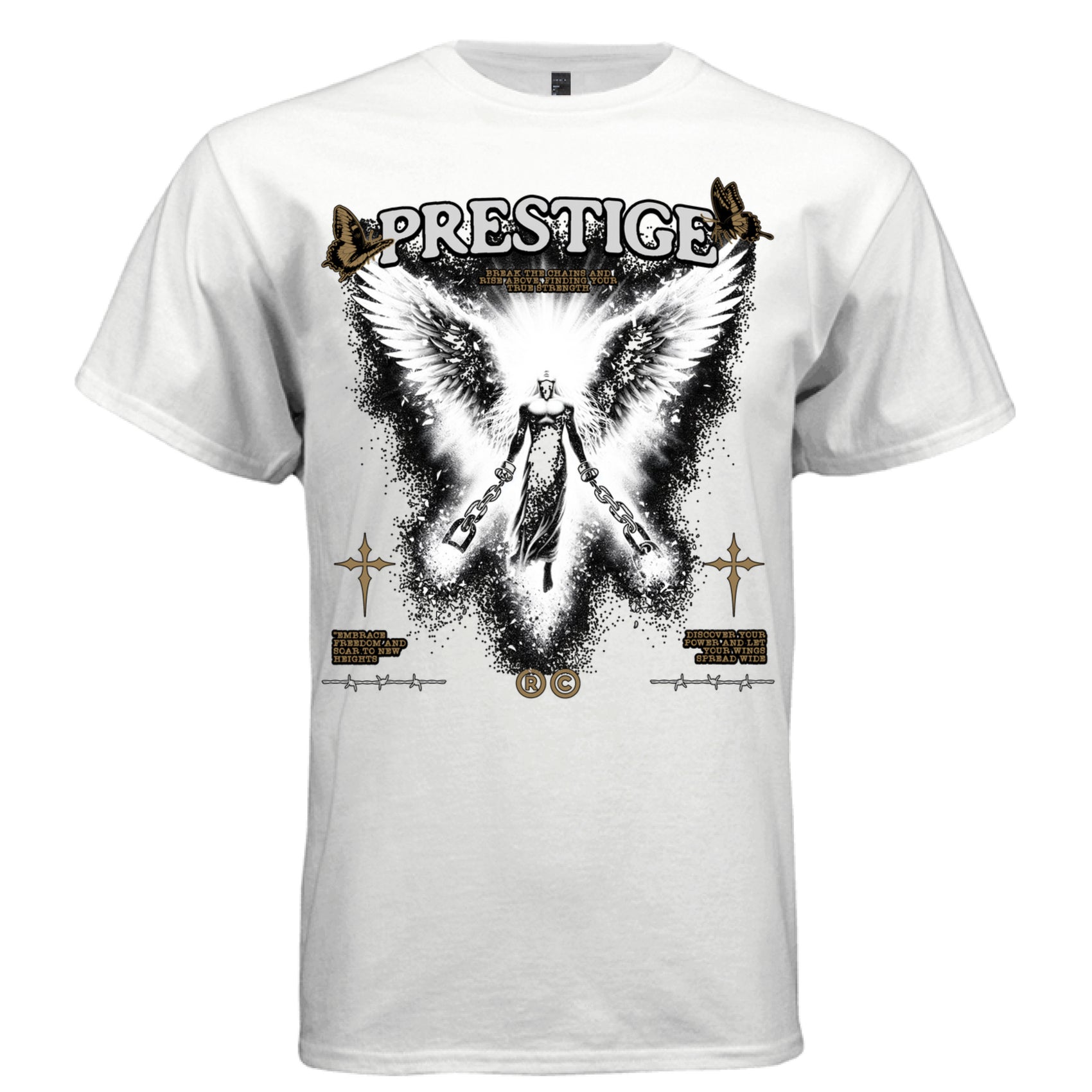Angel with broken chains rising through black particle explosion freedom faith Prestige streetwear t-shirt