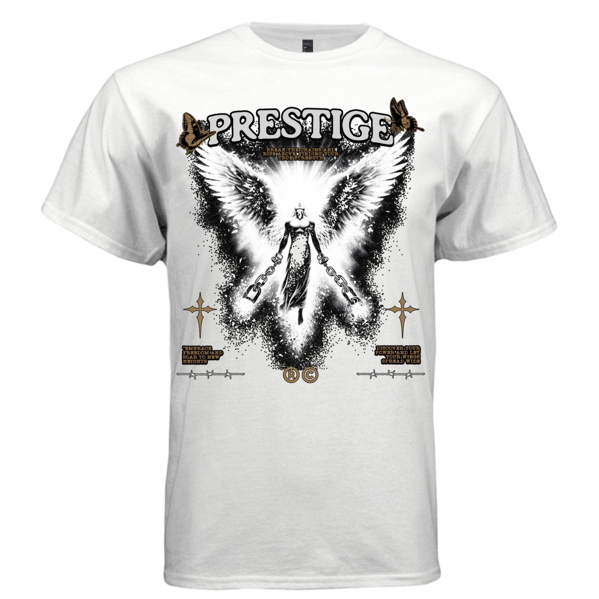 Angel with broken chains rising through black particle explosion freedom faith Prestige streetwear t-shirt