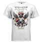 Cyborg angel in white hoodie and sneakers with neon eyes flower crown and wings futuristic streetwear t-shirt
