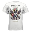 Cyborg angel in white hoodie and sneakers with neon eyes flower crown and wings futuristic streetwear t-shirt