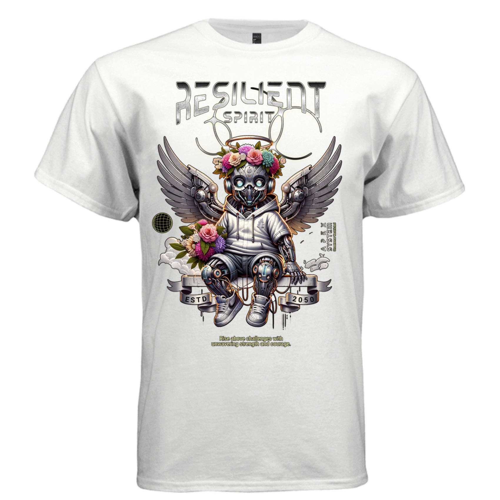 Cyborg angel in white hoodie and sneakers with neon eyes flower crown and wings futuristic streetwear t-shirt