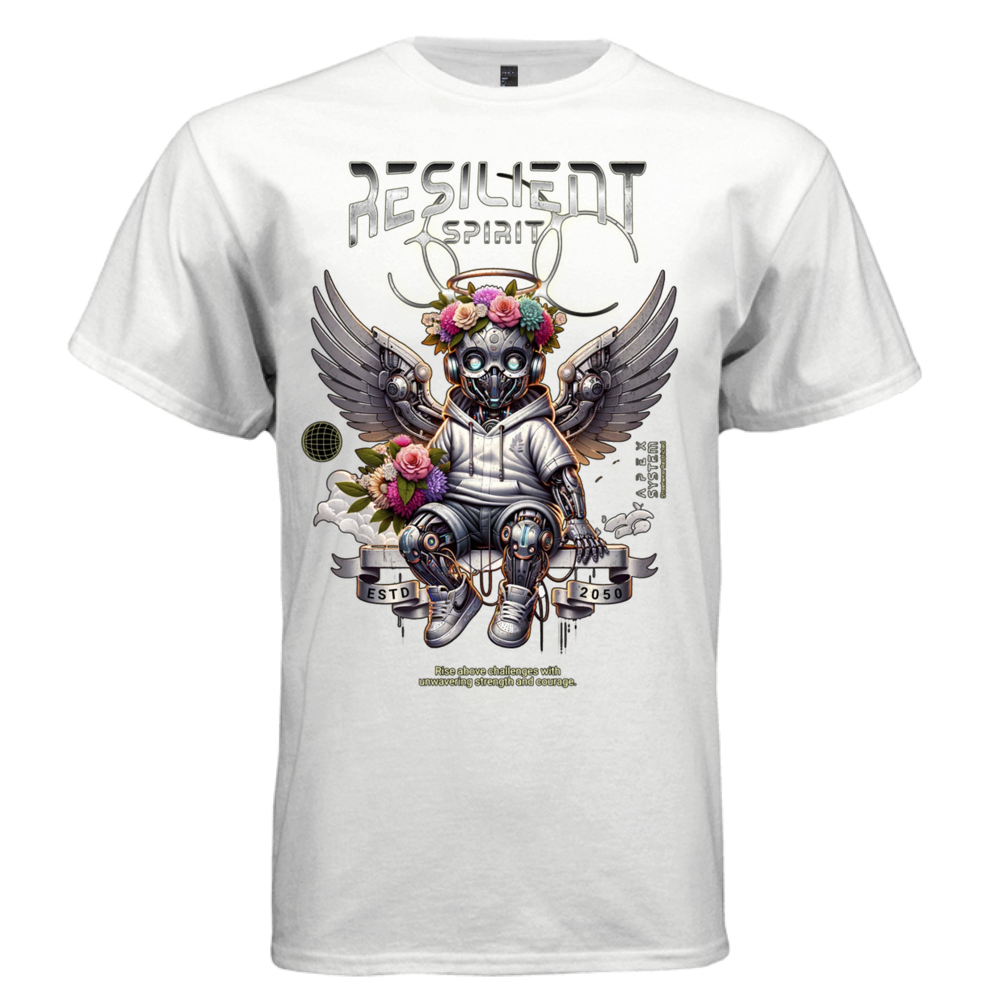 Cyborg angel in white hoodie and sneakers with neon eyes flower crown and wings futuristic streetwear t-shirt