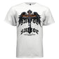 Gothic glossy cross with black wings and fire savior blackletter stacked typography streetwear t-shirt