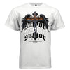 Gothic glossy cross with black wings and fire savior blackletter stacked typography streetwear t-shirt