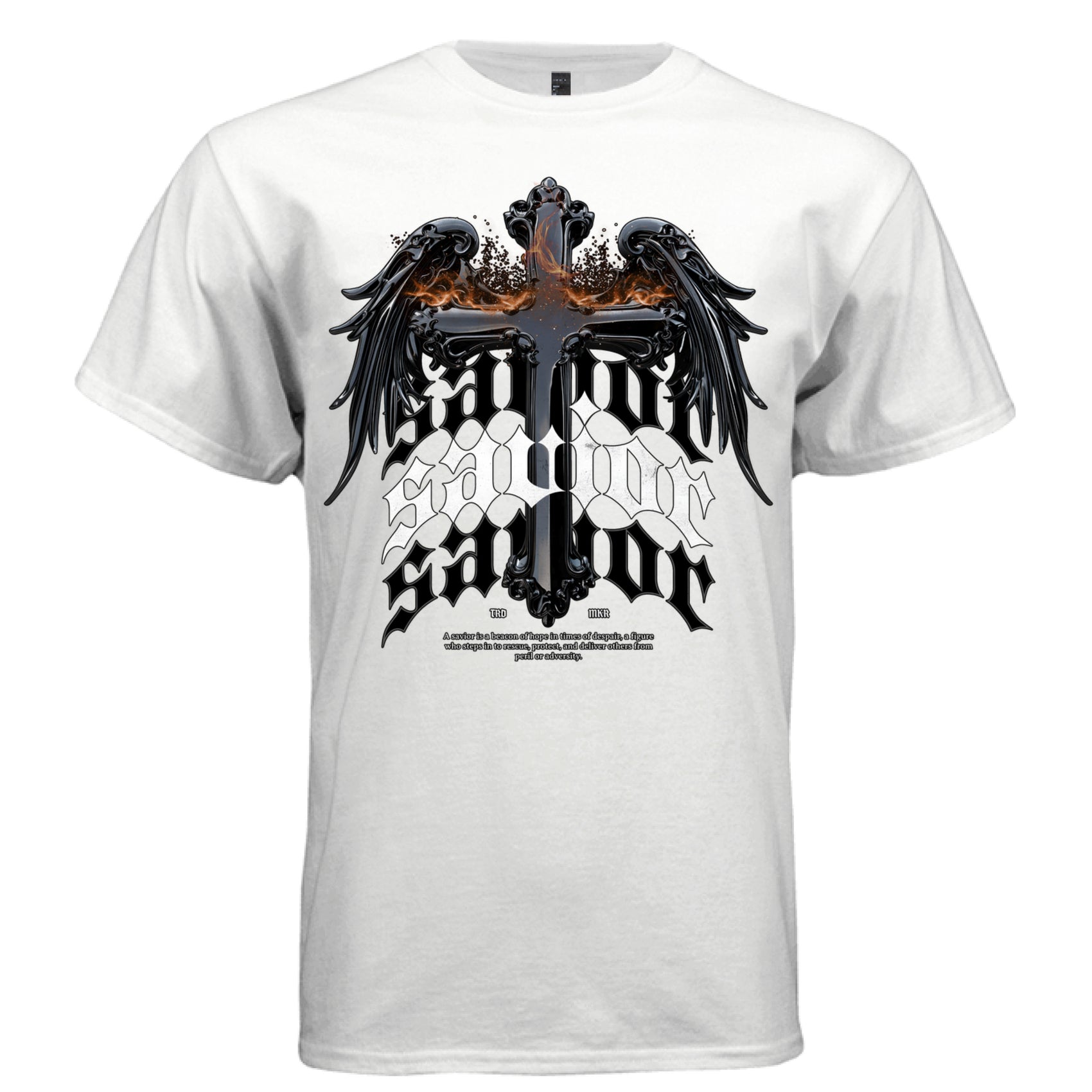 Gothic glossy cross with black wings and fire savior blackletter stacked typography streetwear t-shirt