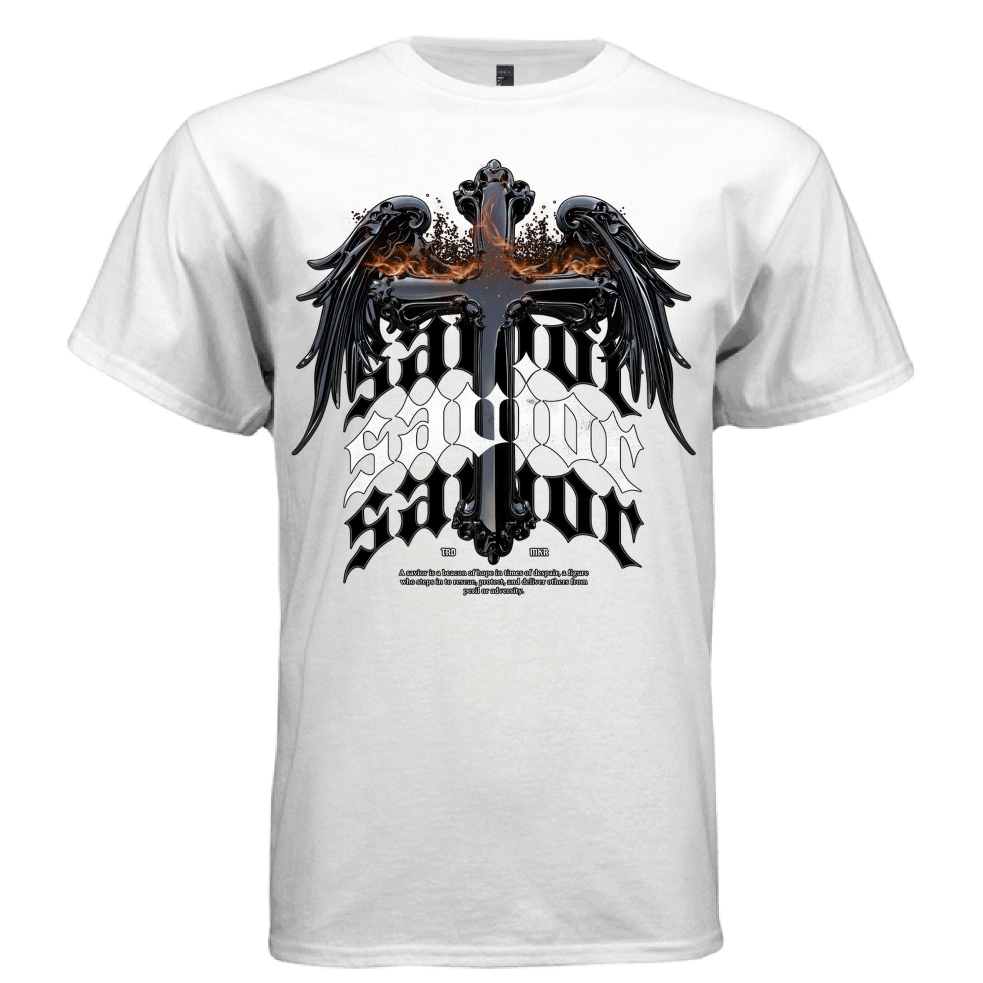 Gothic glossy cross with black wings and fire savior blackletter stacked typography streetwear t-shirt