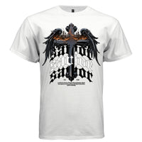 Gothic glossy cross with black wings and fire savior blackletter stacked typography streetwear t-shirt
