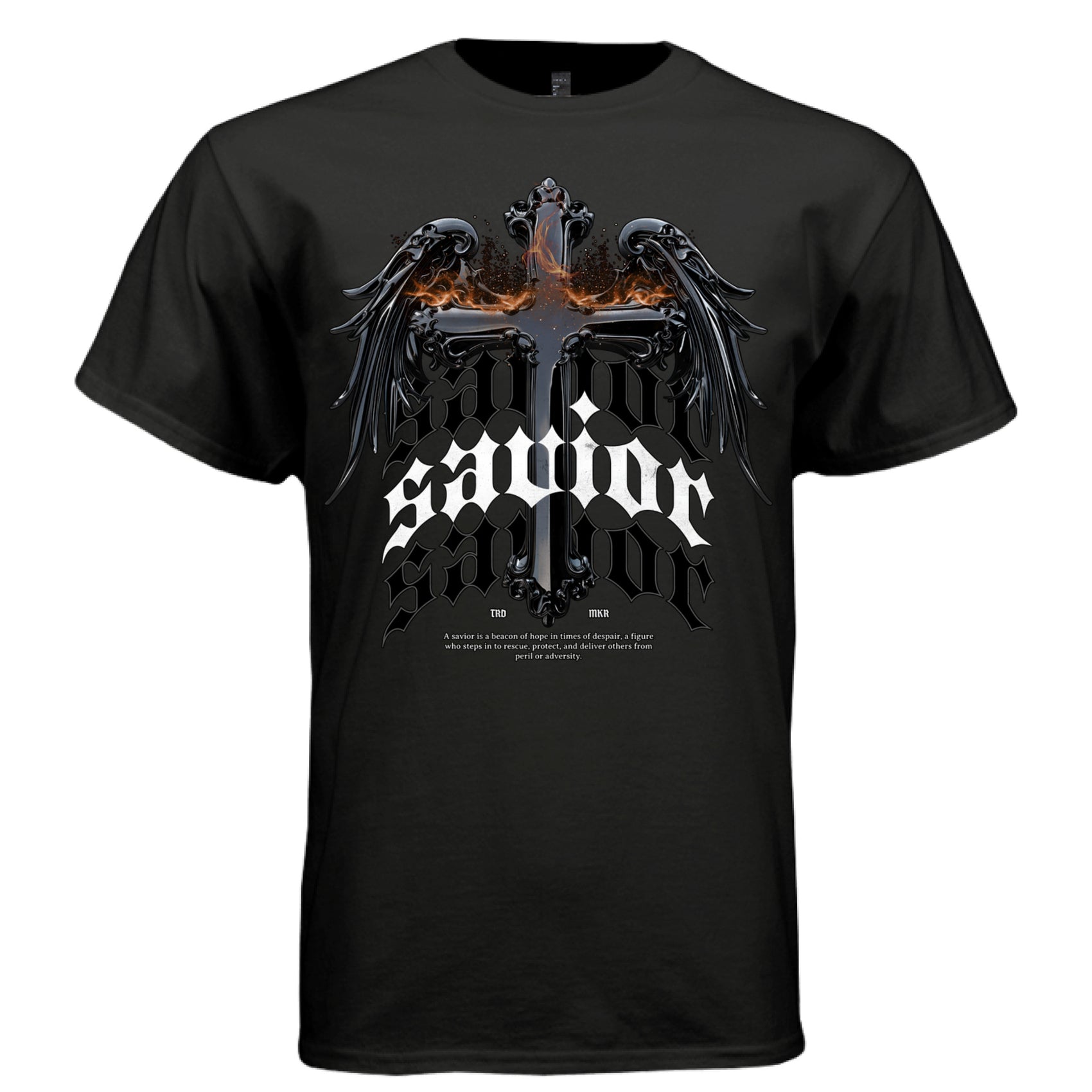 Savior triple gothic blackletter stacked faith hope protection winged cross tee Project Hood
