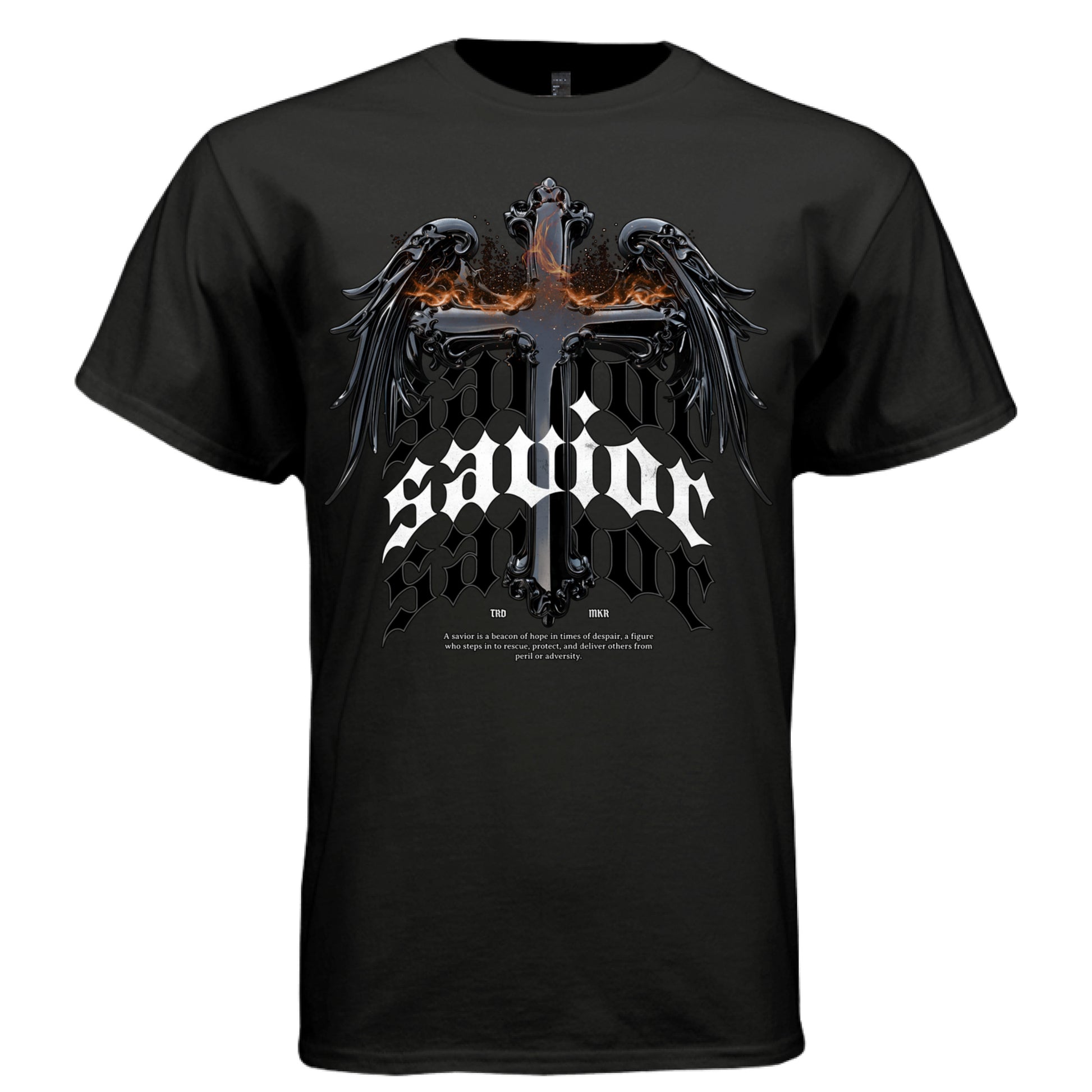 Savior triple gothic blackletter stacked faith hope protection winged cross tee Project Hood