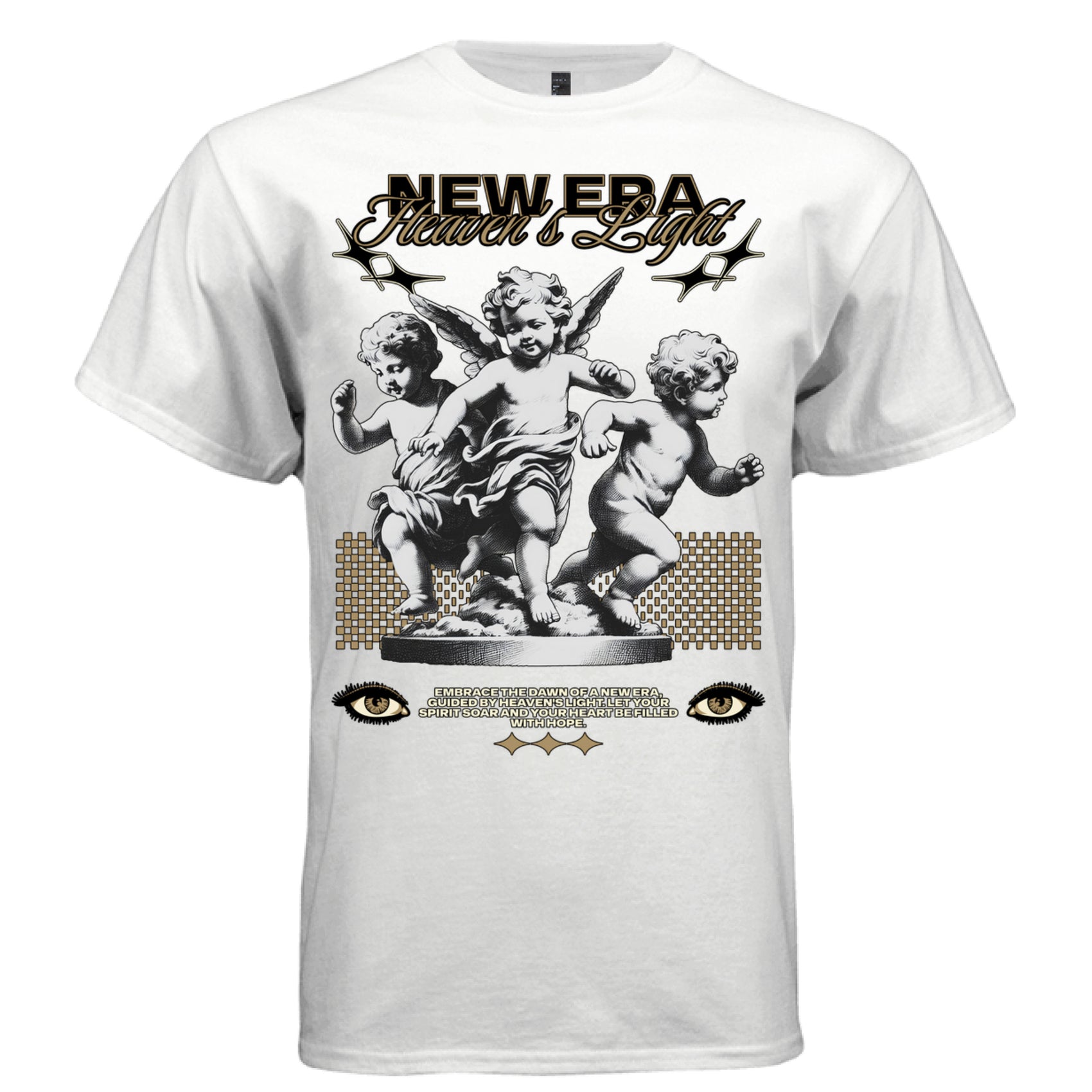 Three baroque cherub angels in motion gold black New Era Heaven's Light typography streetwear t-shirt