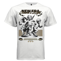 Three baroque cherub angels in motion gold black New Era Heaven's Light typography streetwear t-shirt