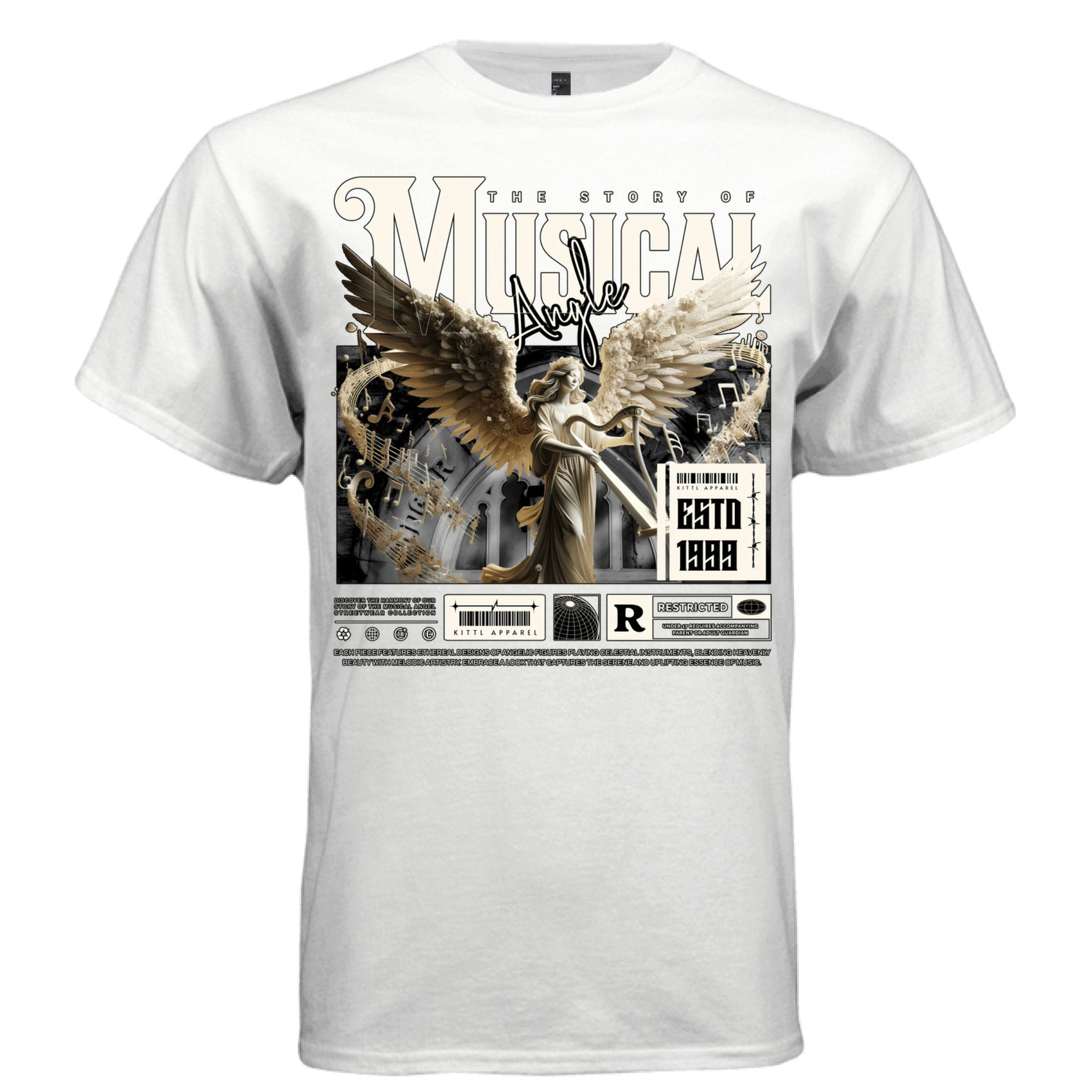 Golden angel playing harp with music notes and warm gold wings celestial streetwear t-shirt Project Hood