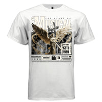 Golden angel playing harp with music notes and warm gold wings celestial streetwear t-shirt Project Hood