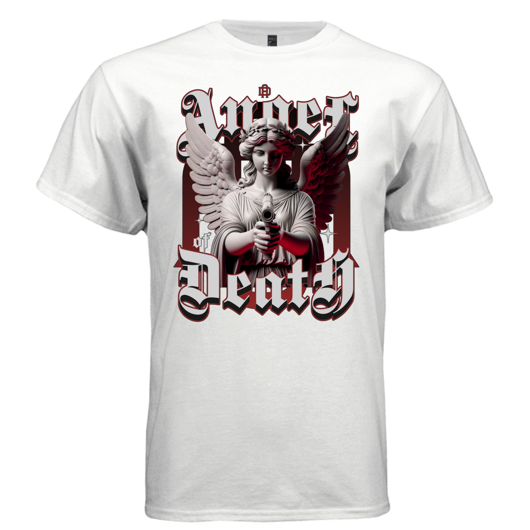 Marble angel with laurel crown holding weapon red dark wing gothic Angel of Death blackletter t-shirt