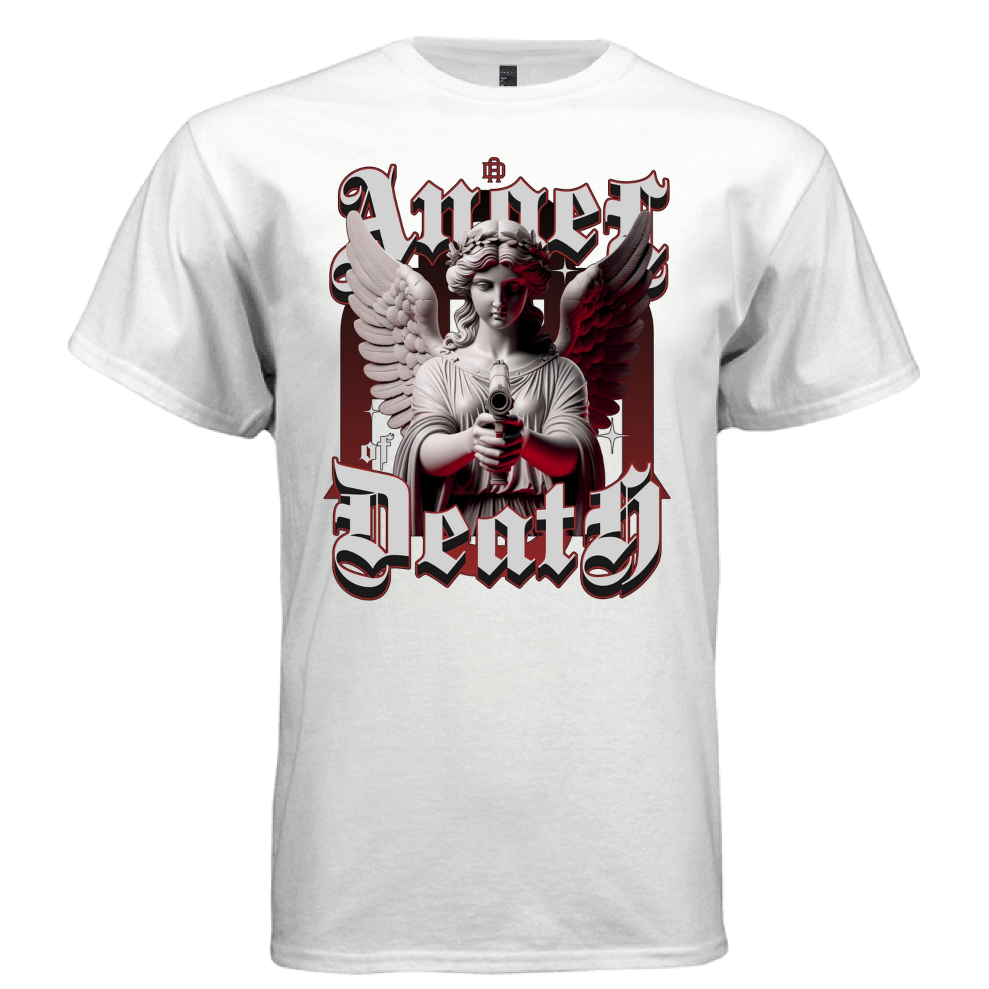 Marble angel with laurel crown holding weapon red dark wing gothic Angel of Death blackletter t-shirt