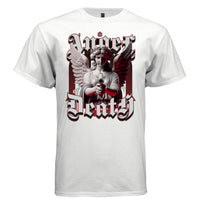 Marble angel with laurel crown holding weapon red dark wing gothic Angel of Death blackletter t-shirt