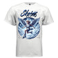 Young angel ice skating through clouds with blue halo and star field We Skating streetwear t-shirt Project Hood