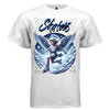Young angel ice skating through clouds with blue halo and star field We Skating streetwear t-shirt Project Hood
