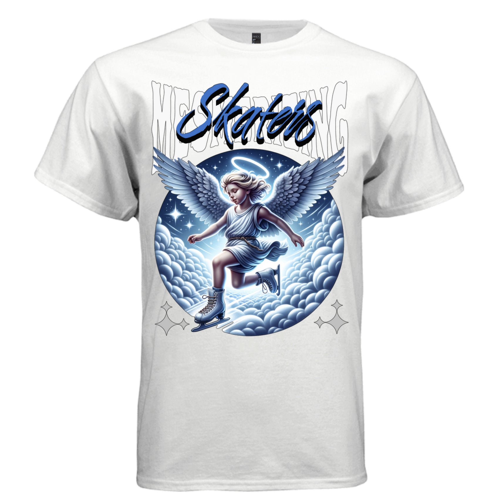 Young angel ice skating through clouds with blue halo and star field We Skating streetwear t-shirt Project Hood
