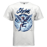 Young angel ice skating through clouds with blue halo and star field We Skating streetwear t-shirt Project Hood