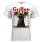 Black robed dark angel with gold wing drip and red Suffer gothic text kintsugi faith streetwear t-shirt