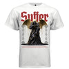 Black robed dark angel with gold wing drip and red Suffer gothic text kintsugi faith streetwear t-shirt